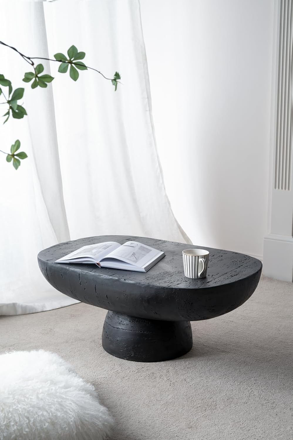 Oval Coffee Table, 36'x24' Black Cement Modern Center Tables Side Table Accent End Table for Living Room