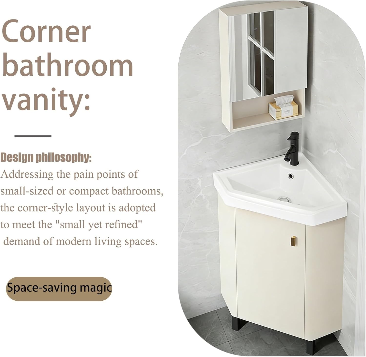 Corner Bathroom Vanity Sink for Small Space, Freestanding Compact Space Bathroom Storage Cabinet,Space-Saving, with White Ceramic Sink & Adjustable Shelf(48x48cm(18.9x18.9 in))