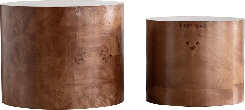 Nesting Coffee Table Set of 2, Modern Round Coffee Table, Wooden Circle Accent Tables for Small Spaces Living Room Bedroom Balcony Office Drum Side Table, Brown Burl