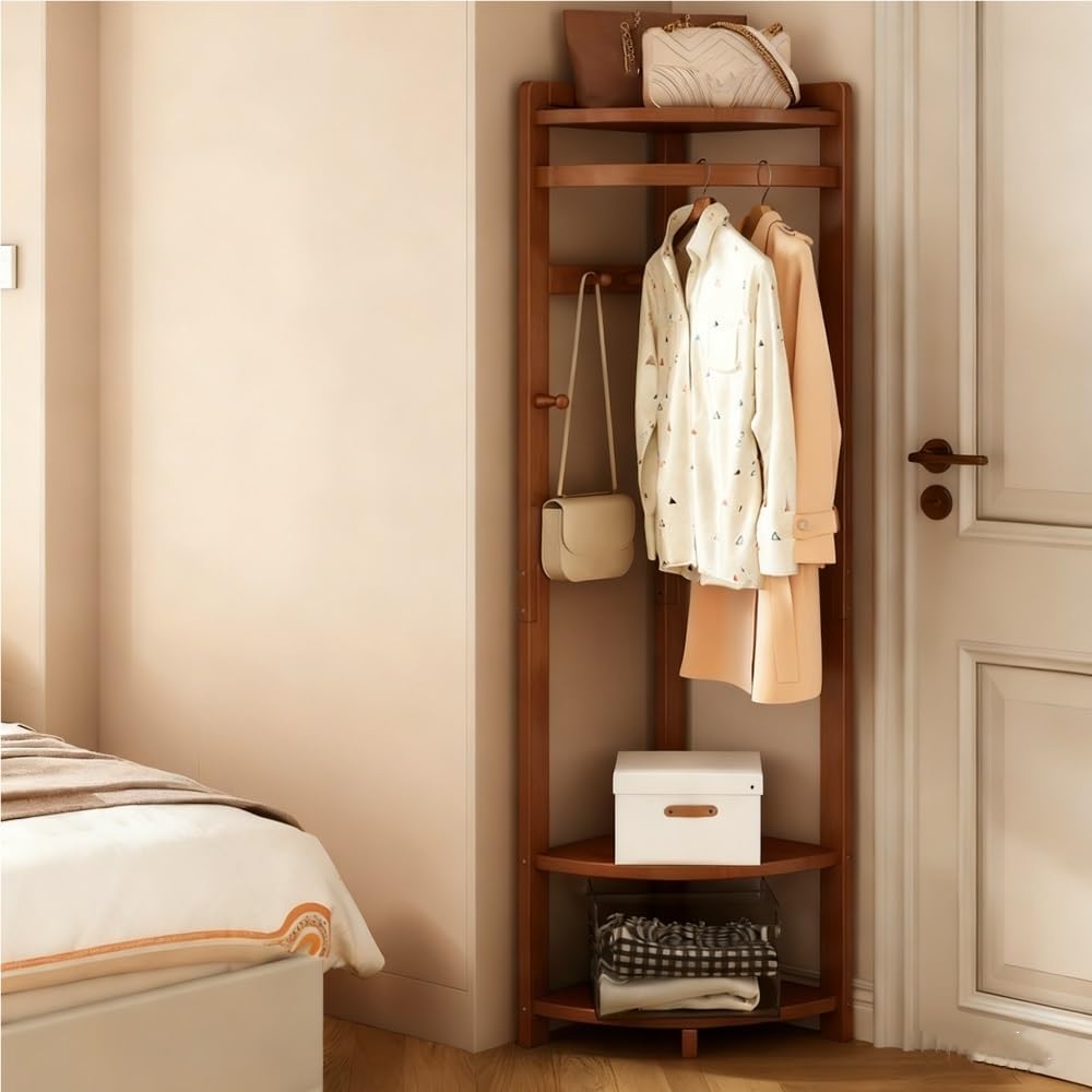Bamboo Corner Coat Rack with Storage Rack, Floor-standing Clothing Rack with Hooks, Multifunctional Corner Shelves for Living Room, Entrance or Bedroom(Brown)