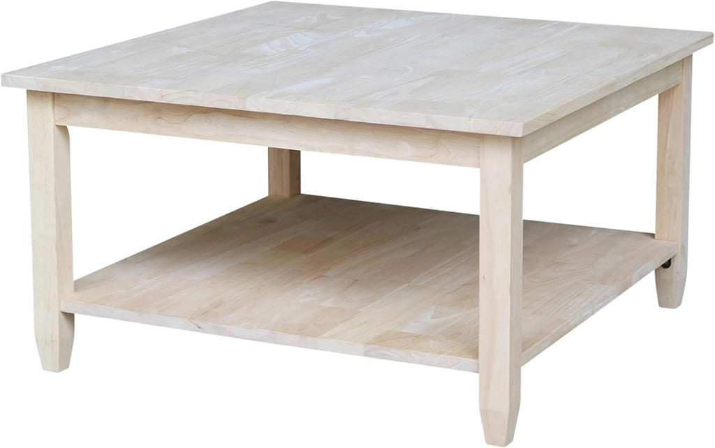 IC International Concepts, Solano Square Coffee Table, Solid Real Wood, Sturdy Parawood, Living Room/Family Room/Entryway, 32'W x 32'D x 18'H with Shelf, Paint/Stain Ready, Unfinished