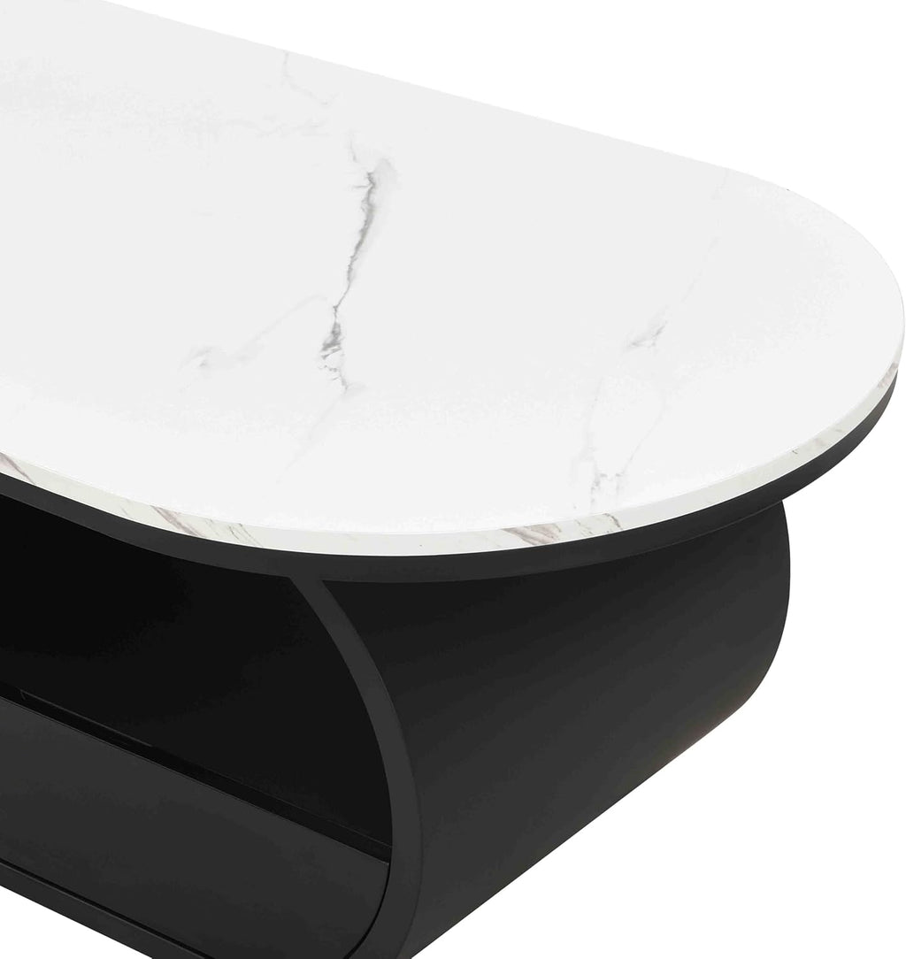 Luxury Faux Marble Oval Coffee Table, 47'' Modern Living Room Table with Storage Drawer, Wooden White MDF Top & Black Metal Base, Large Center Tables for Home Apartment