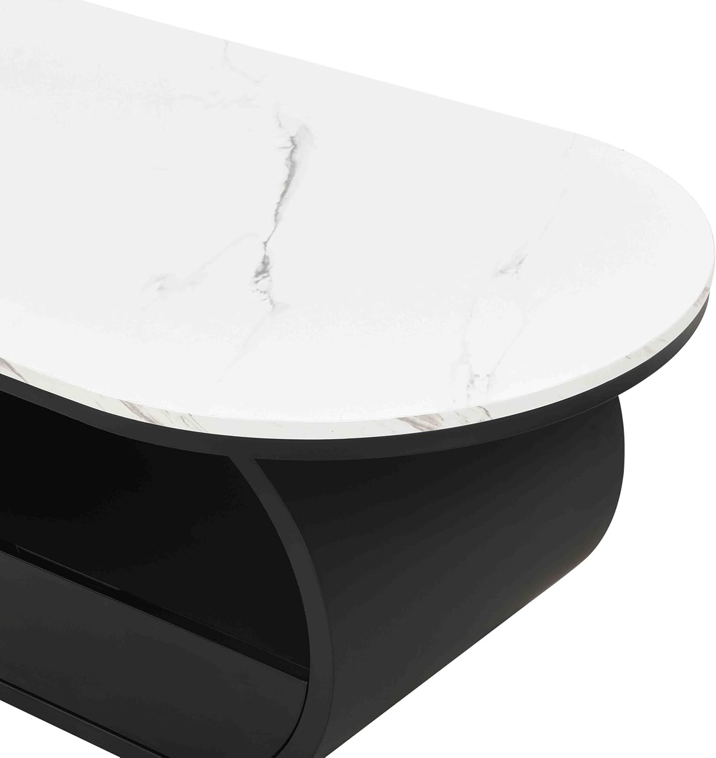 Luxury Faux Marble Oval Coffee Table, 47'' Modern Living Room Table with Storage Drawer, Wooden White MDF Top & Black Metal Base, Large Center Tables for Home Apartment