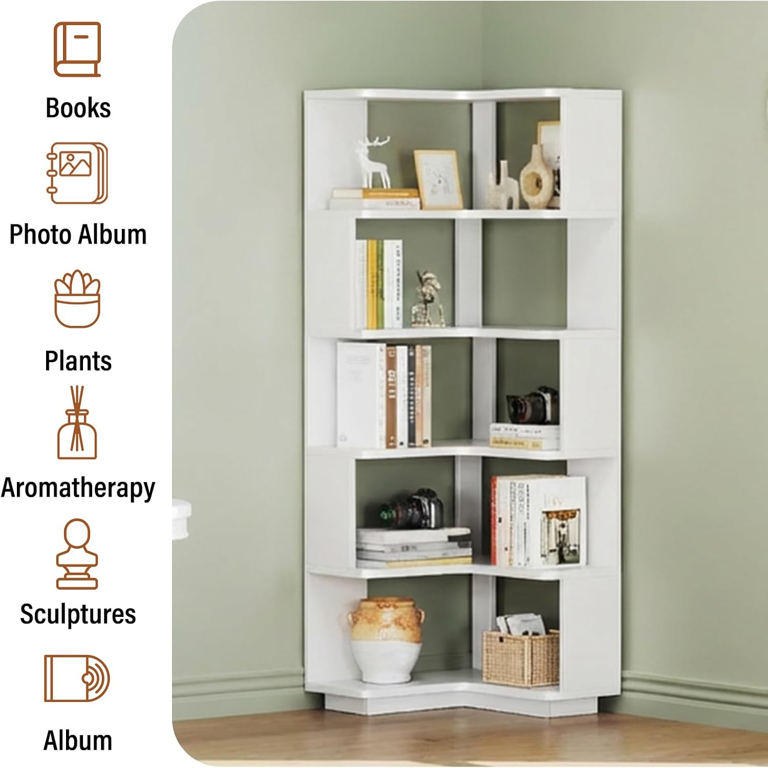 CozyDH Corner Book Shelf, 5 Tier Corner Bookshelf Etagere Bookcase with Baffle, Freestanding L Shaped Display Shelf Stand for Home Office, Living Room, Bedroom, Kitchen, White