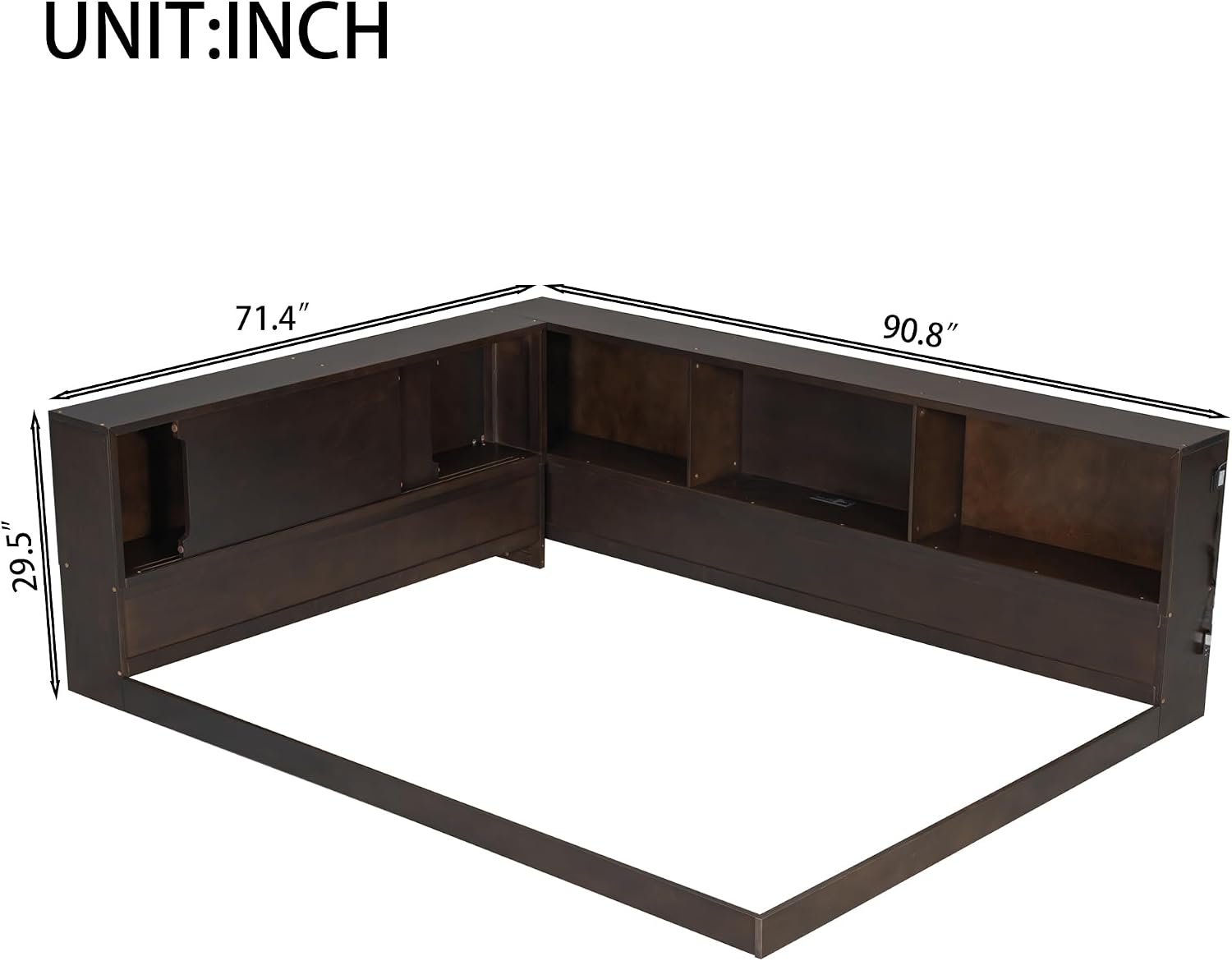 MERITLINE Queen Size Corner Bed Frame with Storage Bookcase & Shelves, Wood L-Shaped Daybed with LED Lights, USB Ports and Headboard, No Slats, Brown