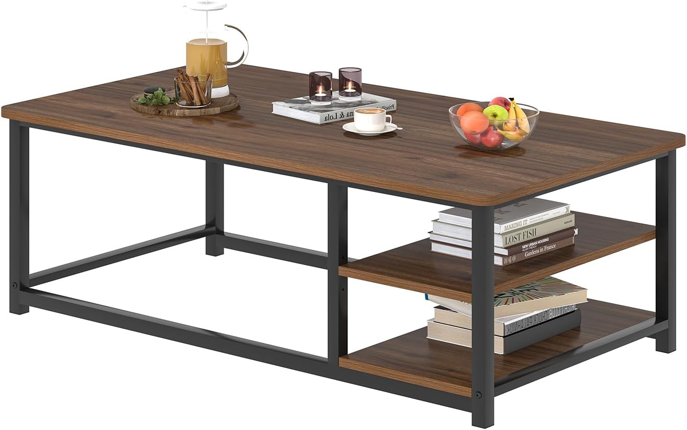 EXCEFUR Modern Coffee Table, Rustic Wood and Metal Center Table for Living Room, Industrial Rectangle Cocktail Tea Table with Storage Shelf, Walnut, 47 Inch