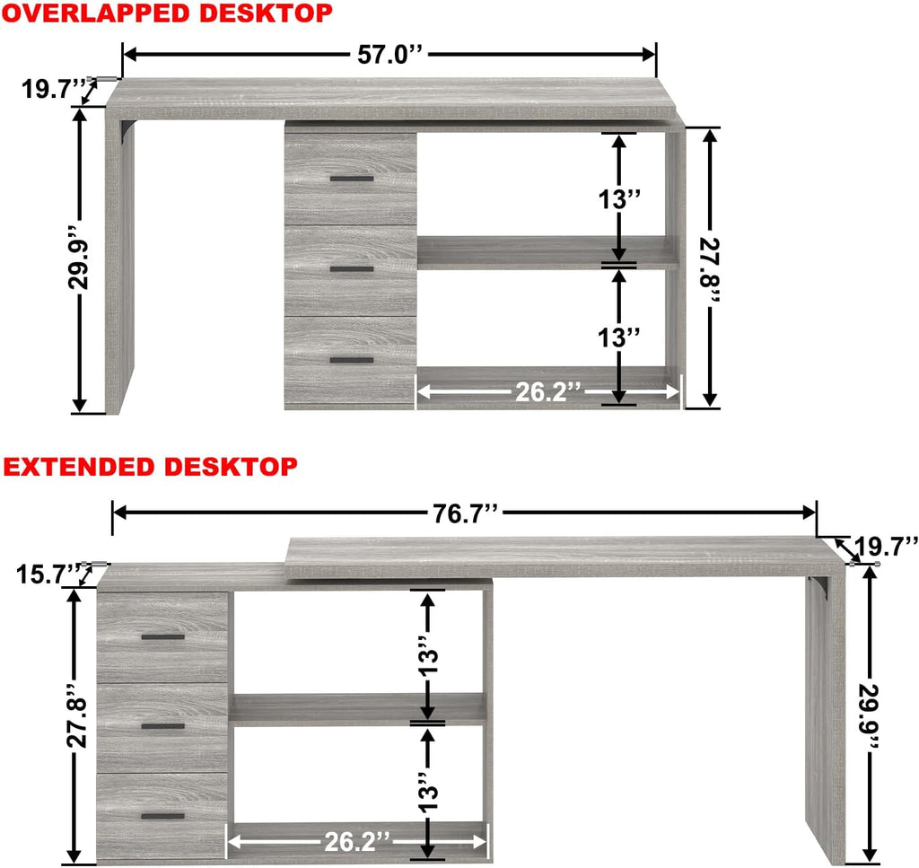 HSH L Shape Desk with Drawers, L-Shaped Desk with Storage Cabinet Shelves, Home Office Corner Computer Desk for Executive Writing, Modern Wood Study PC Table in Bedroom Living Room, Grey Oak, 55 Inch