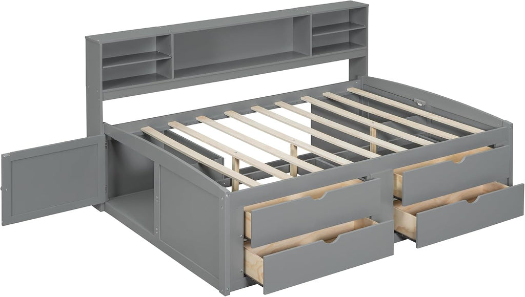 Merax Full Size Daybed with 2 Bedside Cabinets and 4 Drawers, Full Corner Bed Platform Bed with Upper Shelves for Bedroom, No Box Spring Needed, Gray