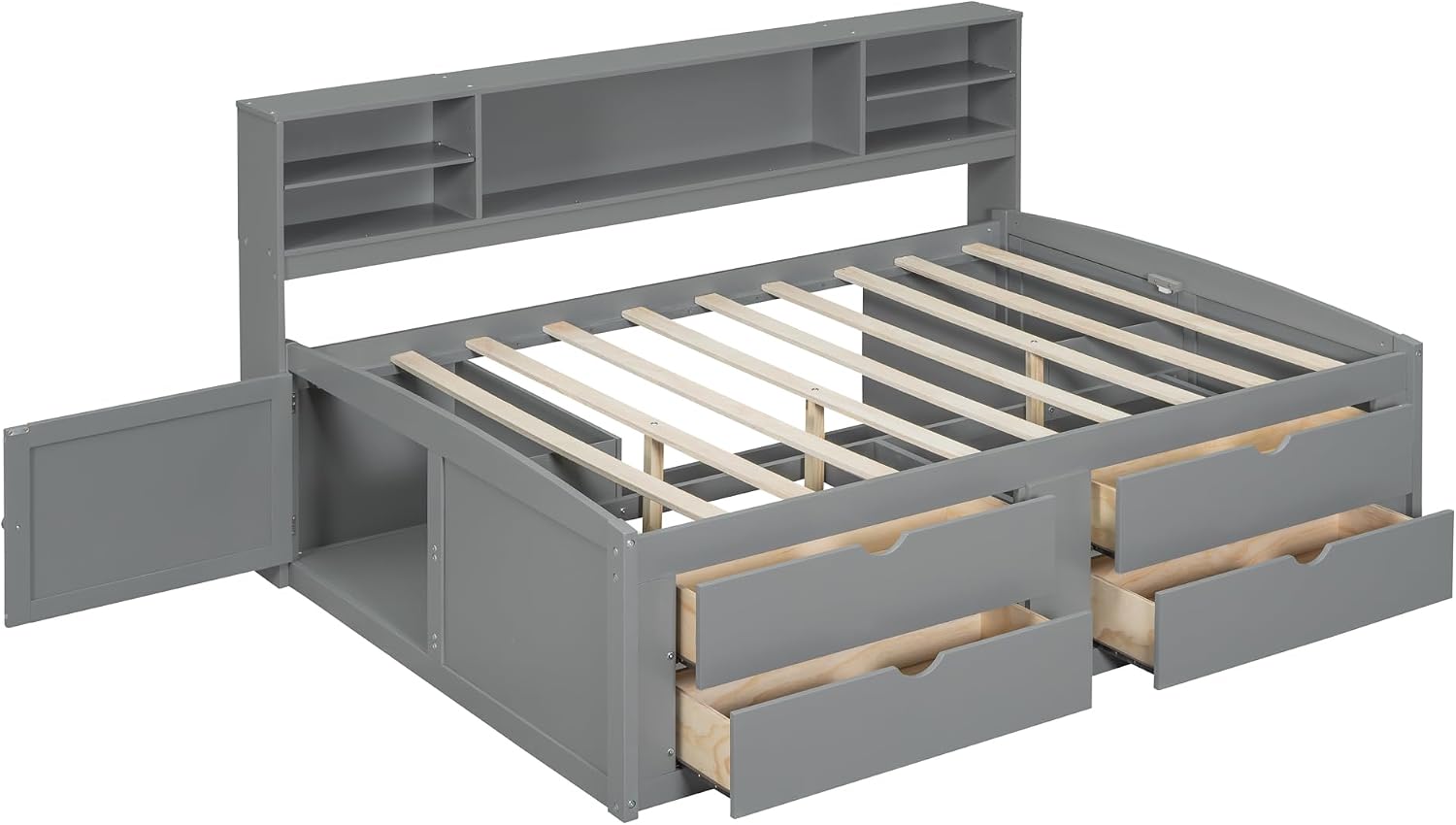 Merax Full Size Daybed with 2 Bedside Cabinets and 4 Drawers, Full Corner Bed Platform Bed with Upper Shelves for Bedroom, No Box Spring Needed, Gray