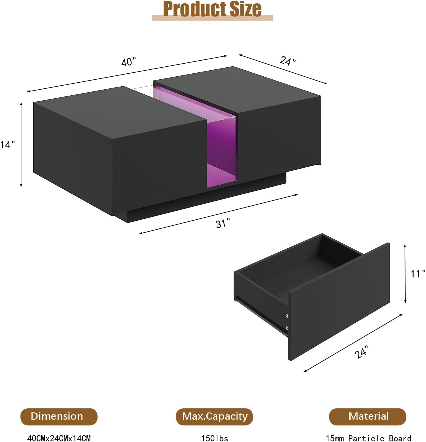 HedoAjim Black Led Coffee Table for Living Room, Rectangular Living Room Table with Storage, Acrylic Coffee Tables with 2 Sliding Drawers, Wood Center Table for Reception Dinning Room