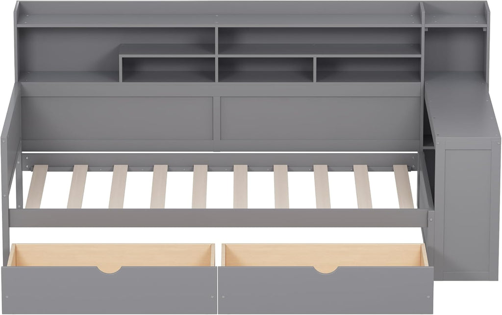 LUMISOL Twin Size Daybed with Storage Drawers, Corner Bed with Bookcase Headboard, Storage Shelves & Study Desk, Solid Wood Bed Frame for Kids, Teens & Adults, Grey