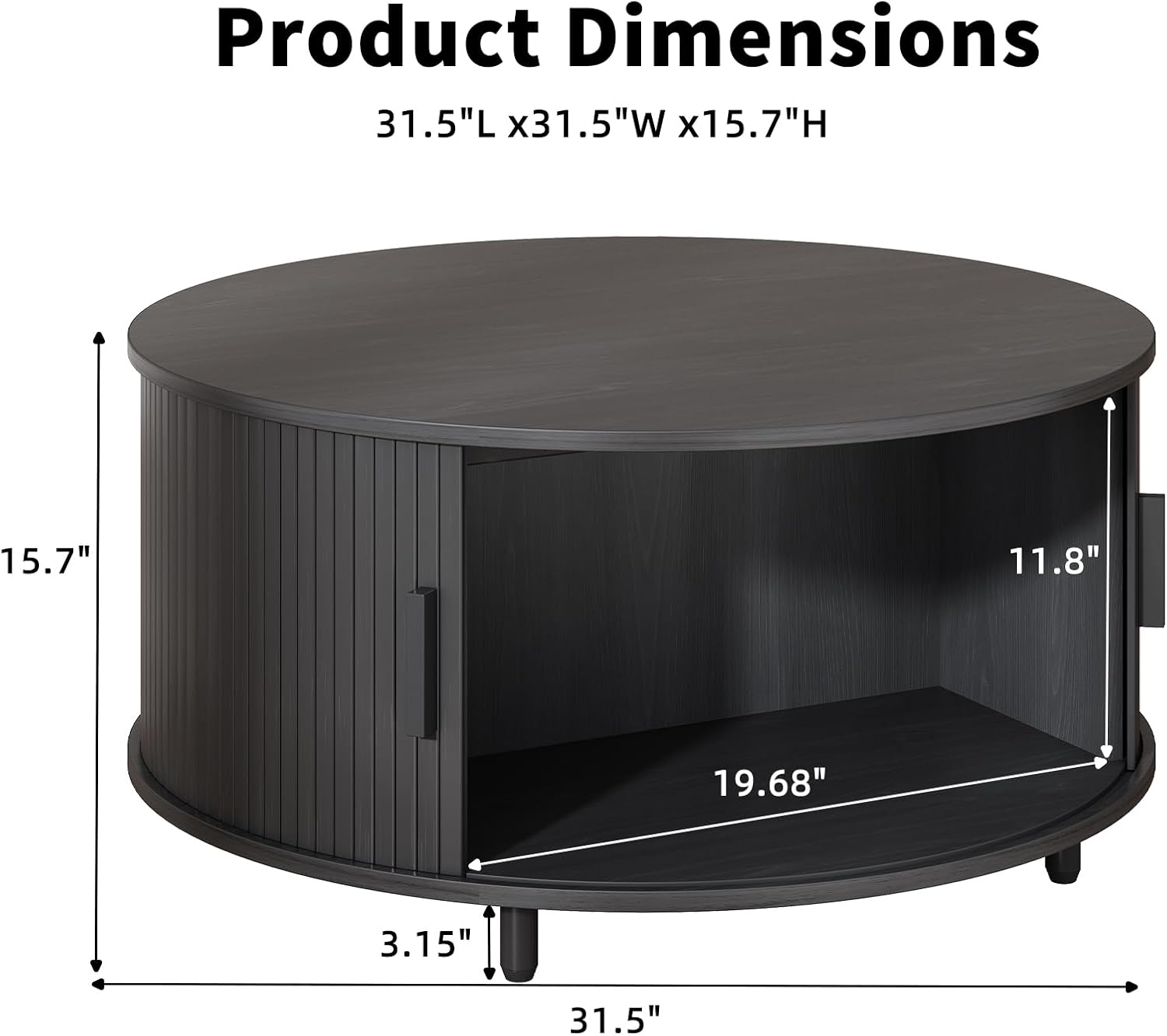 31.5 Inch Round Coffee Table, Fluted Coffee Tables with Storage, Mid-Century Modern Center Tables, Living Room Table with Sliding Door and Wood Handle for Living Room, Black