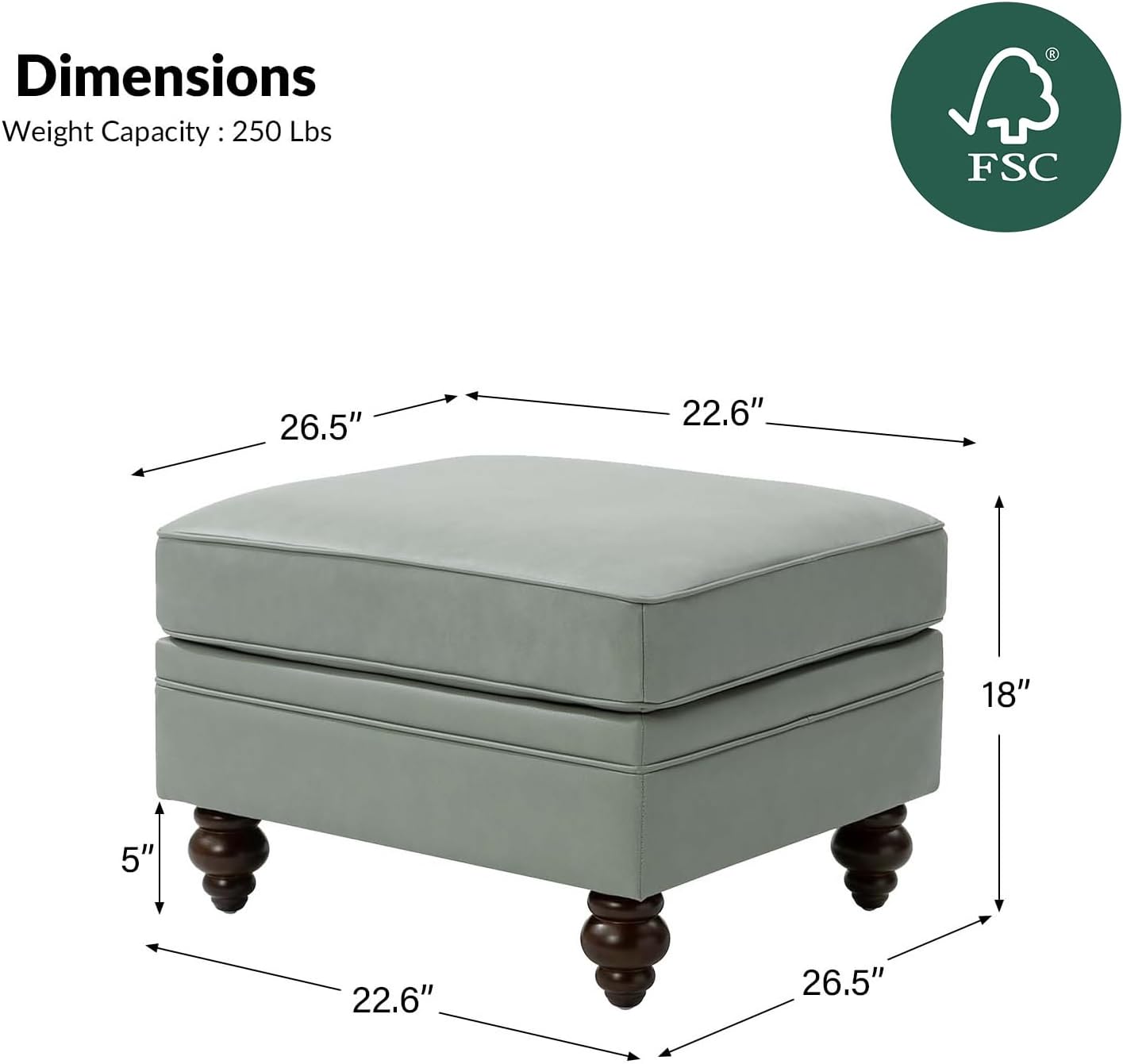 HULALA HOME Genuine Leather Ottoman Coffee Table, Ottoman Foot Rest for Living Room & Lounge, Sage