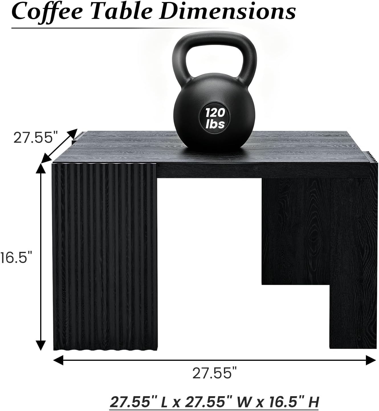 Luoxiao Black Square Fluted Coffee Table for Living Room, Minimalist Modern Accent Center Cocktail Table with 4 Sturdy Legs Wood Living Room Table for Small Space, 27.5-Inch, Easy Assembly