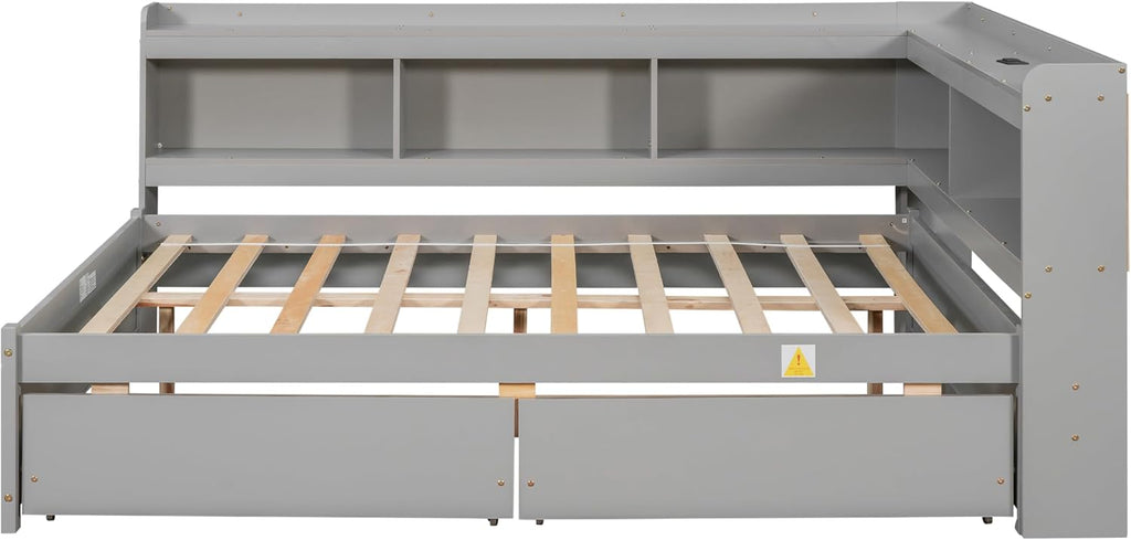 JIJIWANG Full Size Daybed with Storage Drawers and Shelves,Wood Corner Bed with USB Charging Ports and Power Outlets,L-Shaped and Bookcase,for Living Room,Bedroom,Grey