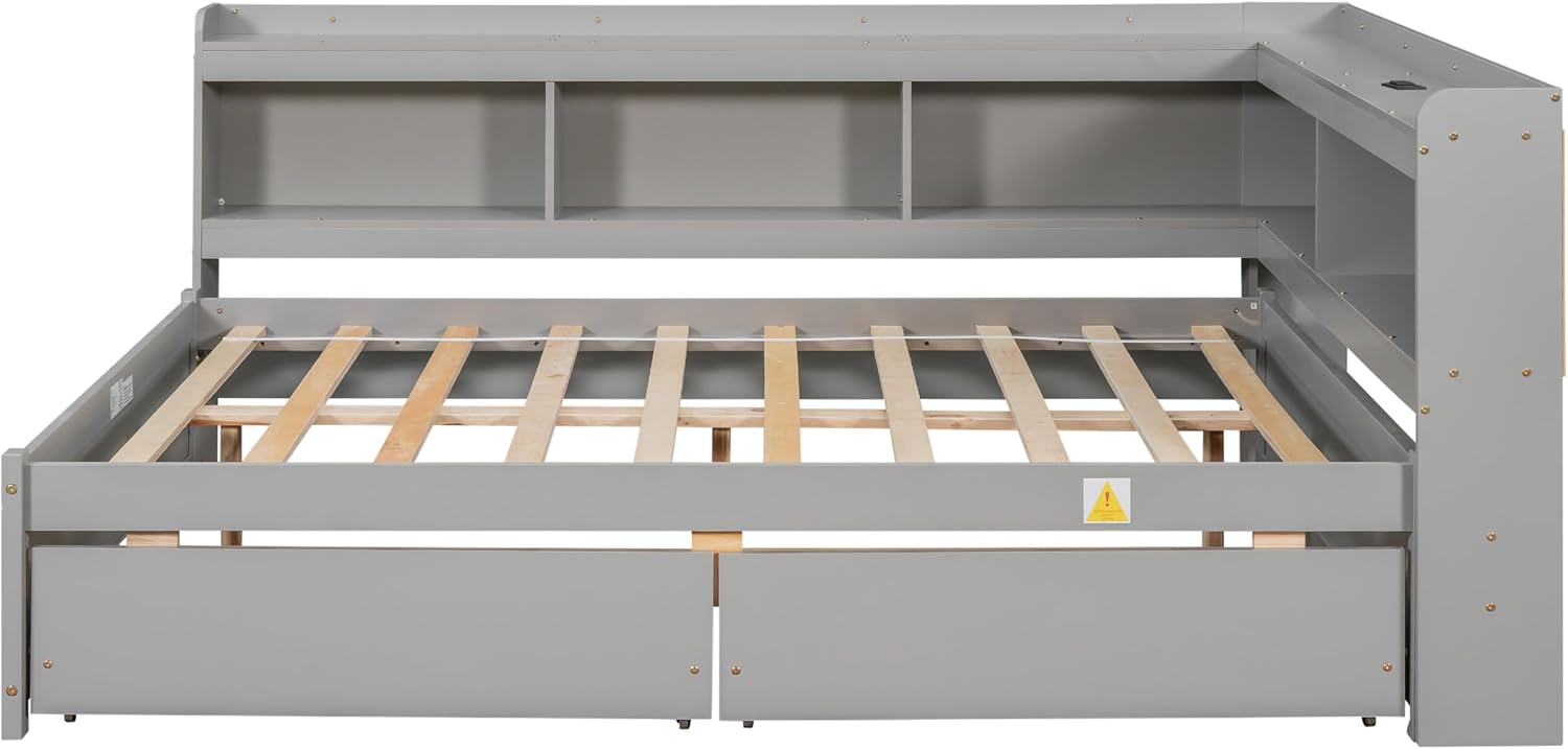 JIJIWANG Full Size Daybed with Storage Drawers and Shelves,Wood Corner Bed with USB Charging Ports and Power Outlets,L-Shaped and Bookcase,for Living Room,Bedroom,Grey