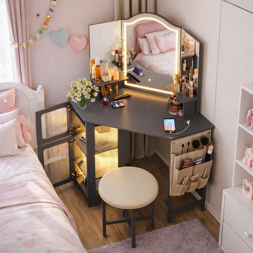 LVSOMT Corner Makeup Vanity Desk with Mirror and Lights, Dressing Table with Charging Station, Makeup Table with Stool, Storage Cabinet and Adjustable Shelf, Bedroom Vanity for Girls Women, Grey