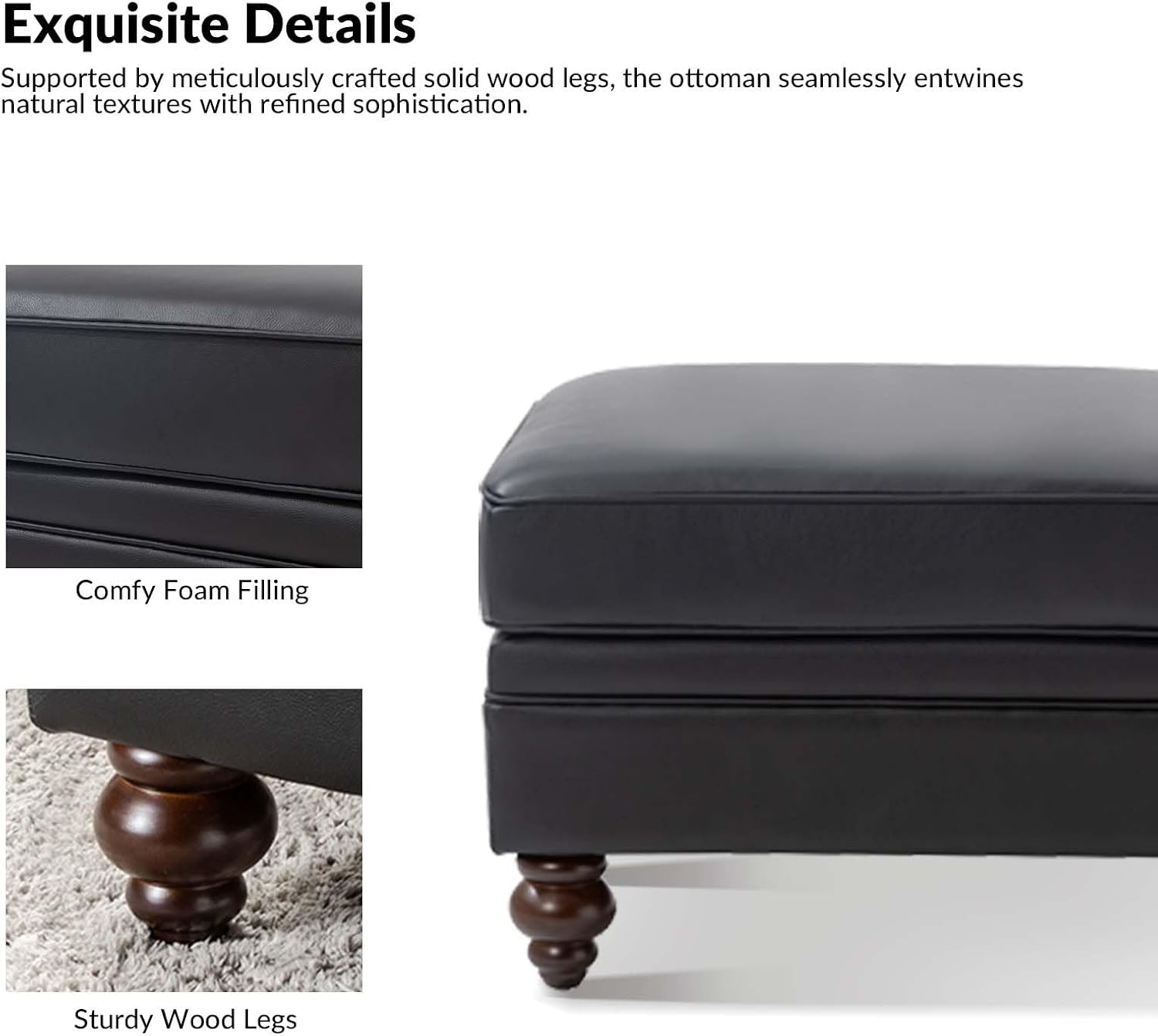 HULALA HOME Genuine Leather Ottoman Coffee Table, Ottoman Foot Rest for Living Room, Black
