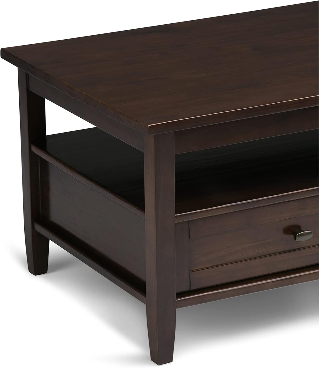 SIMPLIHOME Warm Shaker Coffee Table - 48 inch Wide Solid Wood Coffee Table in Tobacco Brown, Transitional Living Room Table with 2 Drawers, Open Shelf, Shaker Fronts and Tapered Legs
