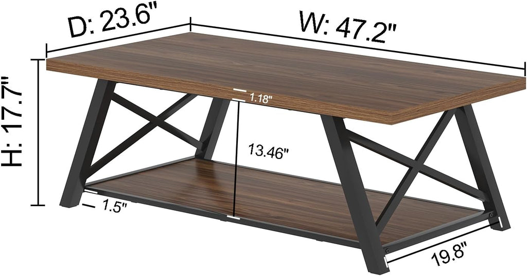 EXCEFUR Modern Coffee Table, Industrial Living Room Center Table with Storage Shelf, Rectangle Wood and Metal Cocktail Tea Table, Rustic Walnut, 47 Inch