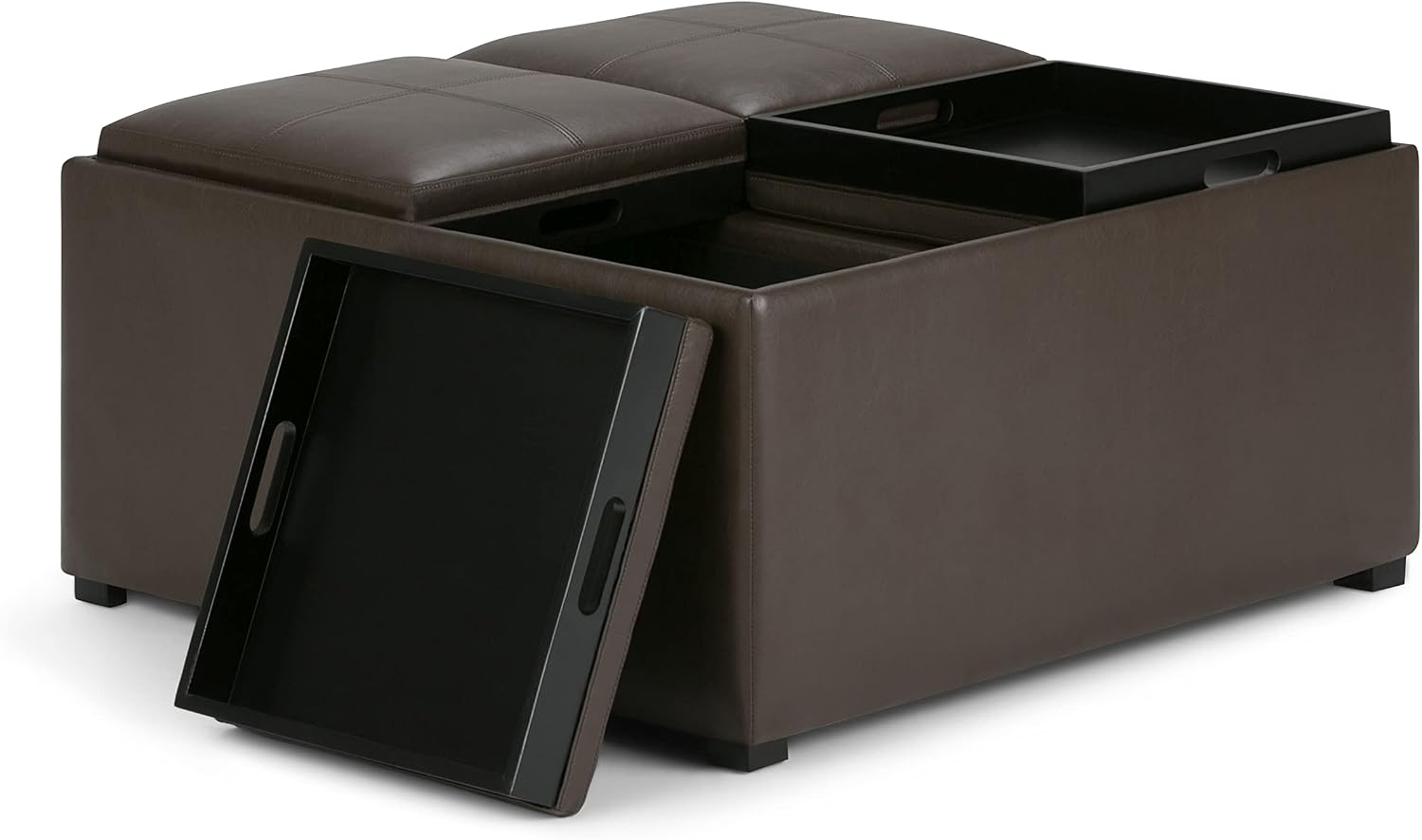 SIMPLIHOME Avalon 35 inch Wide Contemporary Square Coffee Table Storage Ottoman in Chocolate Brown Vegan Faux Leather, Assembled, For the Living Room and Bedroom