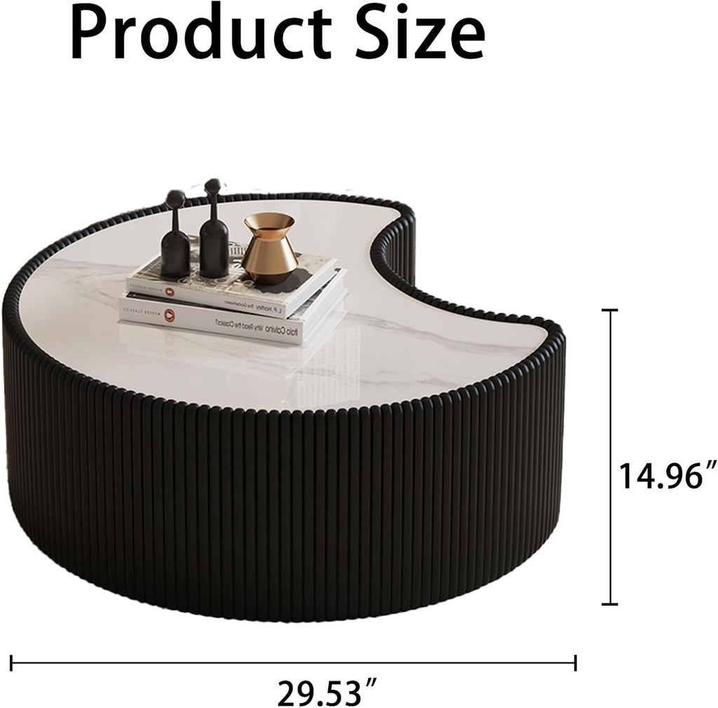 Black Round Coffee Table with Sintered Stone Tabletop, 29.53' Drum Coffee Table with Fluted PU Leather Covered and Stable Base, Circle Cocktail Tea Table for Living Room