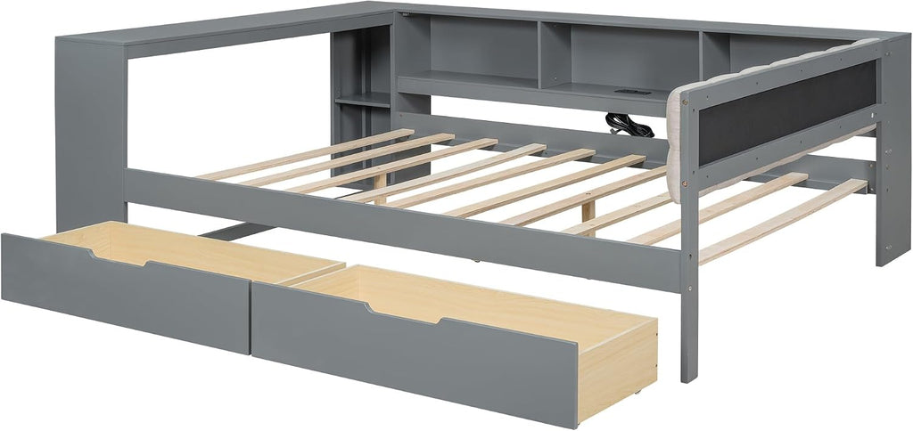 Bellemave Full Size Corner Bed Frame with Storage Drawers and Desk,Captain Daybed with L-Shaped Bookcase,Corner Bed Frame Full Size with Charging Station for Kids,Teens,Guests,Gray