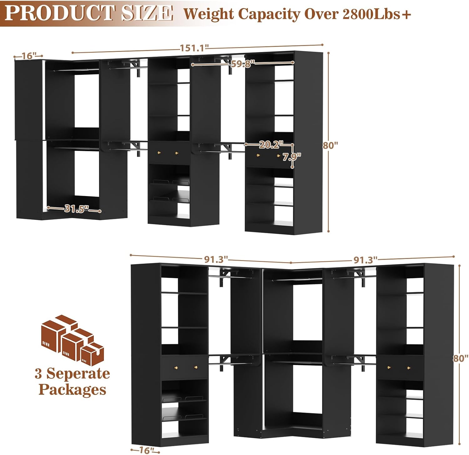 Armocity Closet System Set of 3 - Corner Closet Organizer System with 2 Drawers/16 Shelves/6 Hanging Rods, 151.1' L-Shaped Walk-In Wardrobe Organizer, 2800+ lbs Capacity, Black