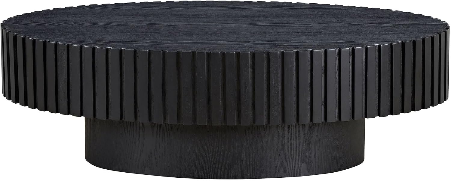 JUSTONE 43.31 Inch Black Oval Coffee Table, Farmhouse Wood Farmhouse Style with Handcrafted Relief & Circle Drum Design for Living Room & Apartments, 43.31x13.78 Inches (Black)