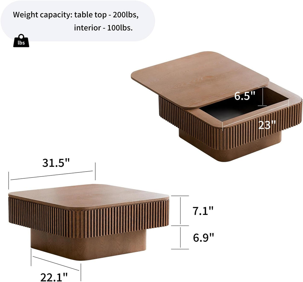 Square Coffee Table for Living Room,Fluted Drum Accent Tea Center Table with Storage,Solid Wood Modern Coffee Tables for Small Space Office Apartment (31.5' L×31.5''W×14''H-Walnut)