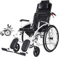 Full Lying Wheelchair Foldable Manual Wheelchair Commode W/Removable High Back & Dining Table Steel Reclining Transport Wheelchair W/Elevating Leg Rest for Elderly Driving Trolley