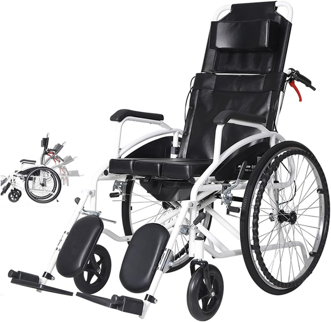 Full Lying Wheelchair Foldable Manual Wheelchair Commode W/Removable High Back & Dining Table Steel Reclining Transport Wheelchair W/Elevating Leg Rest for Elderly Driving Trolley