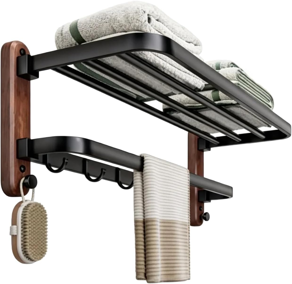 Wall Mounted Towel Rack,Over Toilet Storage with Towel Bar,Space Aluminum+Wood,Double-Folding Design,for Livingroom Bathroom(L-60cm)