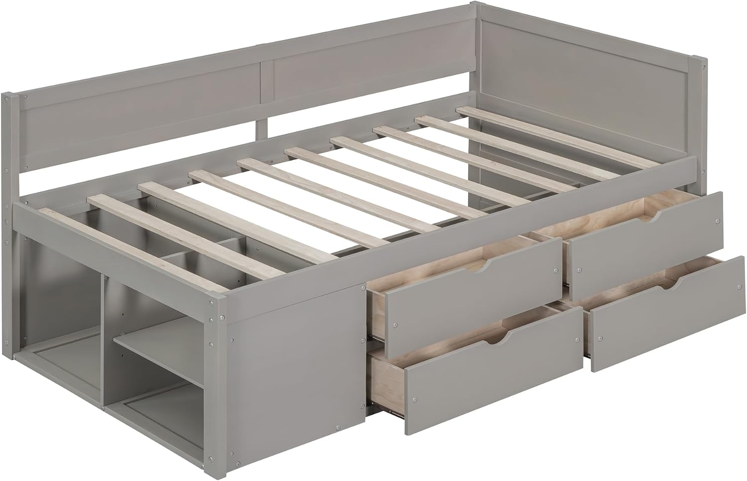 Twin Size Gray Daybed with Storage Drawers and Shelves,Wooden L-Shaped Corner Day Bed with Headboard & Bookcase for Boys,Girls,Small Room, Guest Room, kids'Room