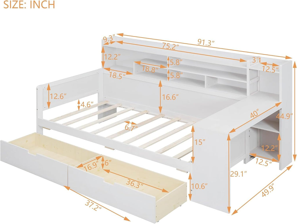 Twin Corner Bed Frame with Storage Shelves, L Shaped Bed with 2 Storage Drawers, Wooden Daybed with Study Desk, Corner Bed Frame Twin for Bedroom, for Kids and Teens, Antique White