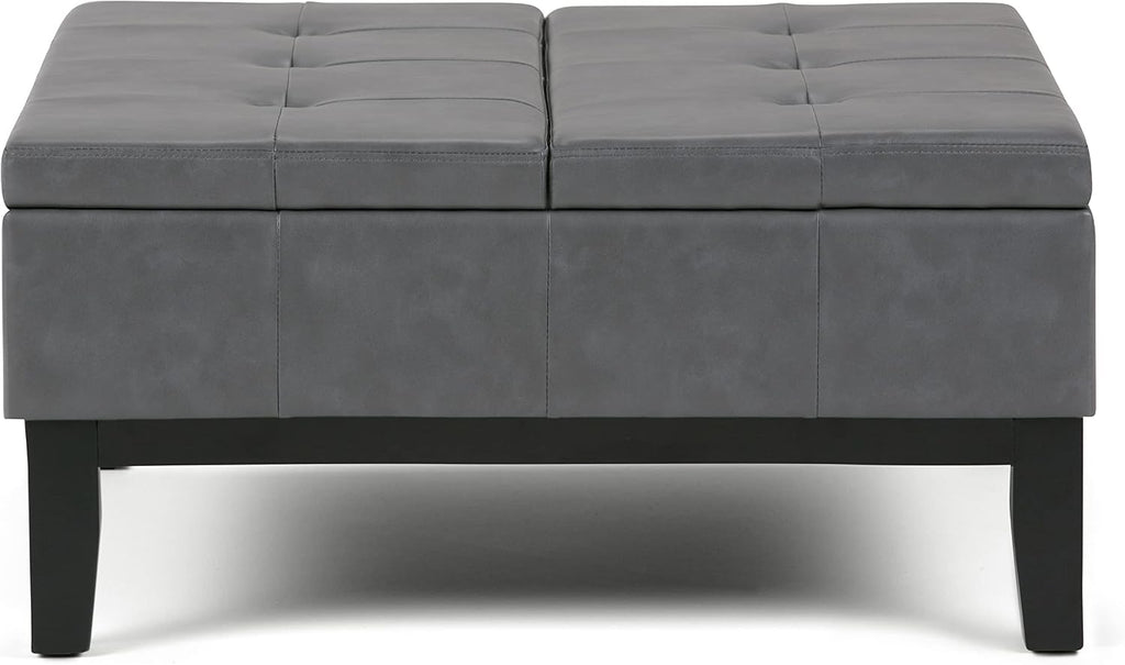 SIMPLIHOME Dover 36 inch Wide Contemporary Square Coffee Table Storage Ottoman in Stone Grey Vegan Faux Leather, Assembled, For the Living Room and Bedroom