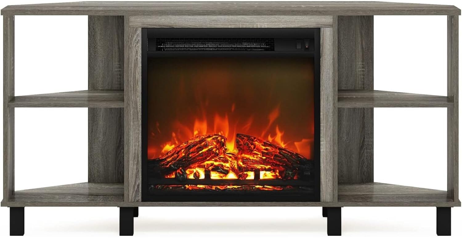 HomeStock Electric Fireplace TV Stand - Corner Entertainment Center for TVs up to 55 Inch French Oak Grey/Corner with Legs