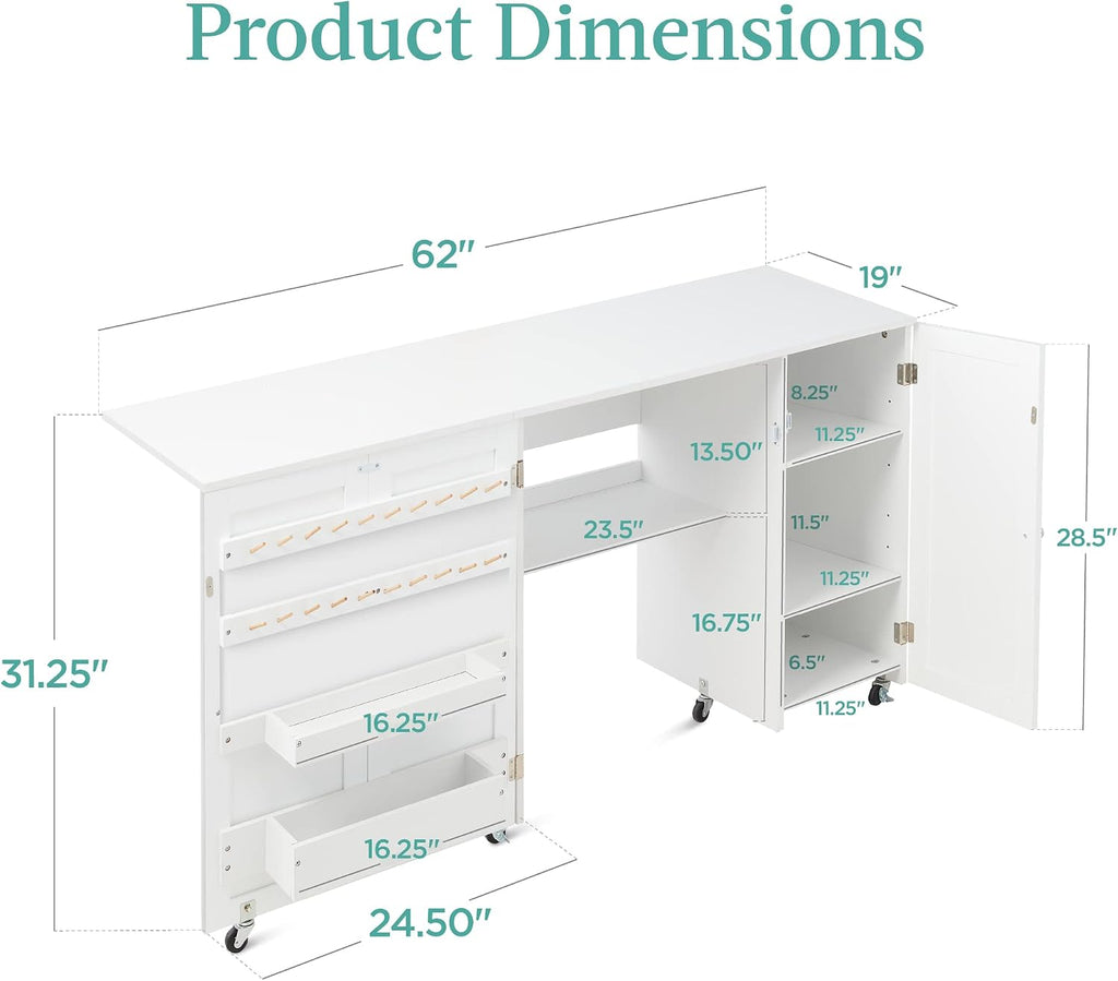 Best Choice Products Large Folding Sewing Table, Multipurpose Portable Craft Station & Side Desk w/Compact Design, Caster Wheels, Storage Shelves, 2 Storage Trays, Magnetic Doors - White