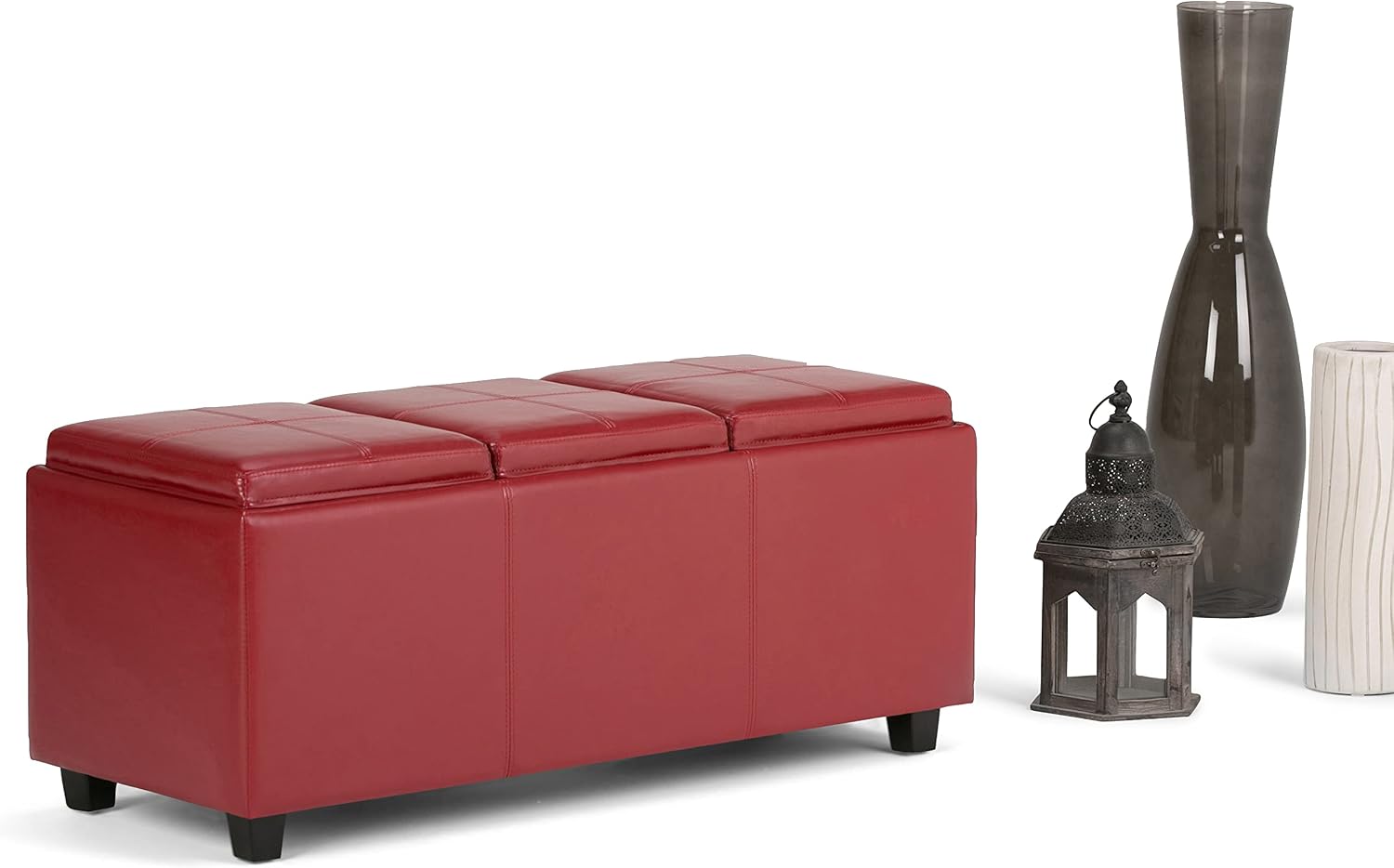 SIMPLIHOME Avalon Storage Ottoman - 42 inch Wide Upholstered Vegan Leather Rectangular Flip-Top Ottoman in Red, Contemporary Coffee Table Ottoman for Living Room with Hidden Storage