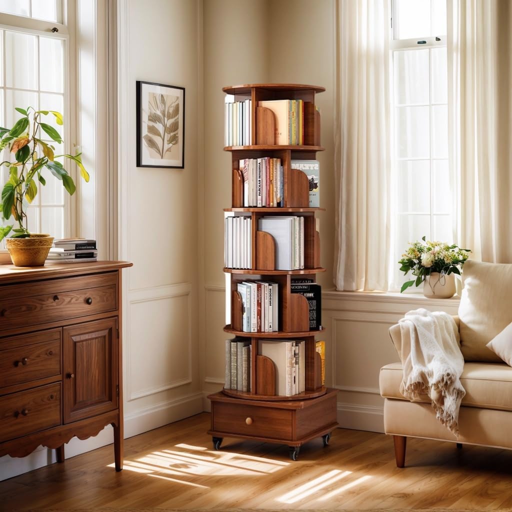 KEIKI 6 Tie Rotating Bookshelf with Drawers On Wheel, Corner Bookcase Display Shelf, 360 Display Corner Bookshelf for Bedroom, Living Room, Study Room, Walnut Brown