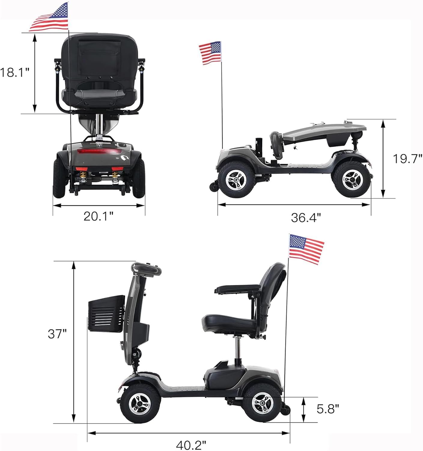 Mobility Scooters for Seniors & Adults 400 Lb Weight All Terrain,Heavy Duty 4 Wheel Foldable Powered Scooter,Portable Disability Mobile Electric Wheelchair,Luxury Seat and w/Led Lights,Black