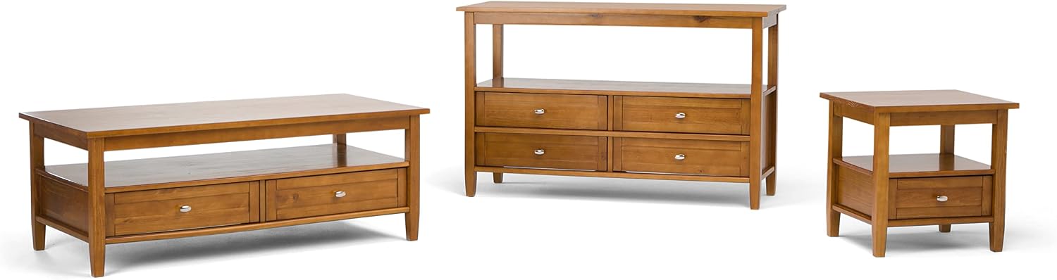 SIMPLIHOME Warm Shaker Coffee Table - 48 inch Wide Solid Wood Coffee Table in Light Golden Brown, Transitional Living Room Table with 2 Drawers, Open Shelf, Shaker Fronts and Tapered Legs