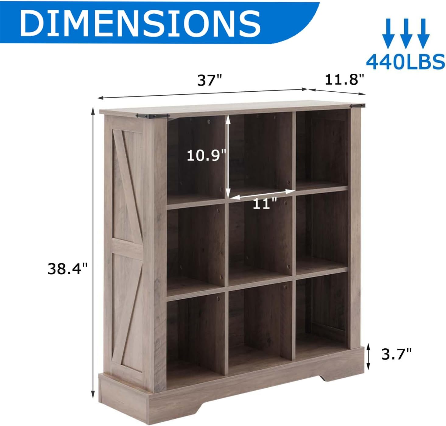 9 Cube Bookcase, Wooden Cube Storage Organizer Shelf, Grey Horizontal Book Shelf with LED Lights, Freestanding Display Cabinet for Living Room, Bedroom, Home Office