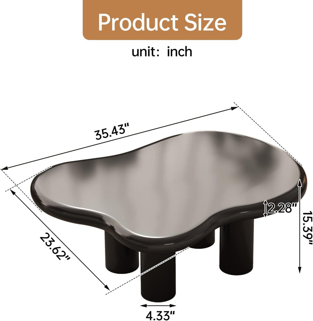 35.43' Cloud Shape Coffee Table, Modern Round Edge Black Coffee Table with 4 Sturdy Support Legs and 2.28' Thick Tabletop for Living Room, Bedroom