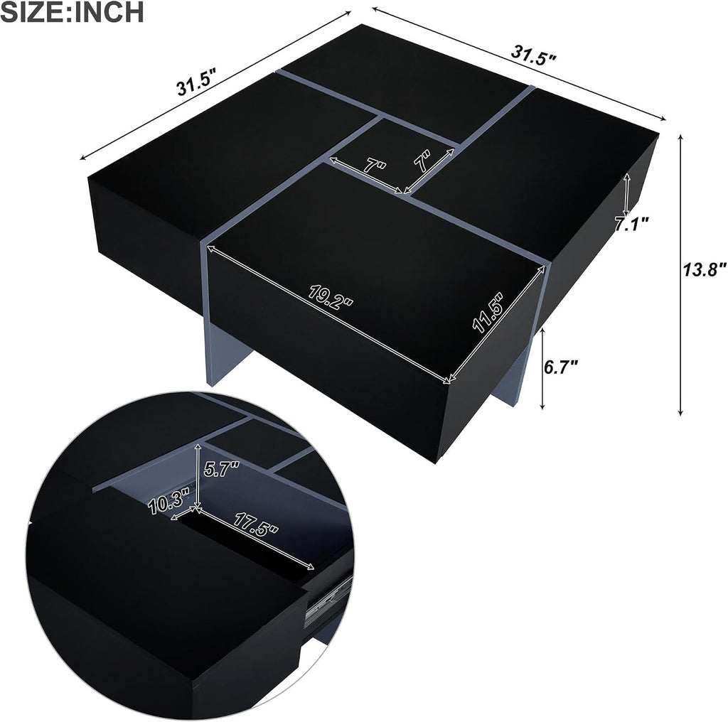 Merax Modern Square Coffee Table with 4 Hidden Storage Compartments, UV High-Gloss Design for Living Room, Black