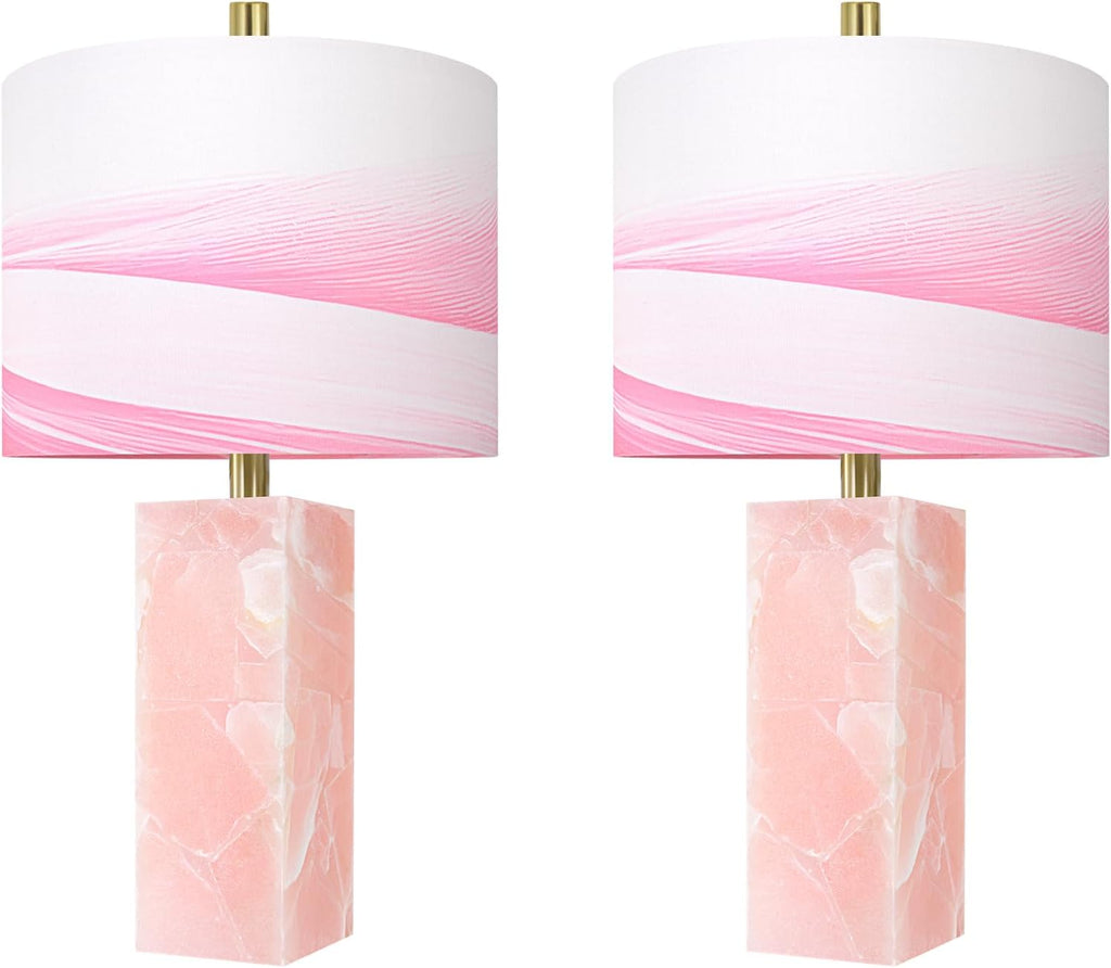 Scenekoy 23' Alabaster Table Lamp Set of 2 with Night Light for Bedroom Living Room, Rotary Switch, Pink Modern Table Lamp with Linen Shade, Nightstand Lamps for Room Bedside Office (Bulb Included)