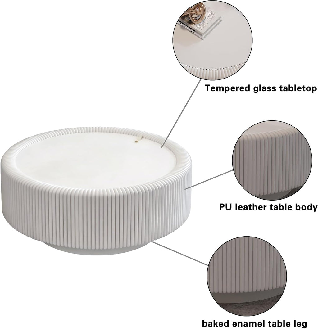 31.5'' Round Coffee Table with Storage, Modern Circle Fluted Drum Pedestal Coffee Table for Living Room, Tempered Glass Moveable Lid & PU Leather Body & Baked Enamel Leg, White