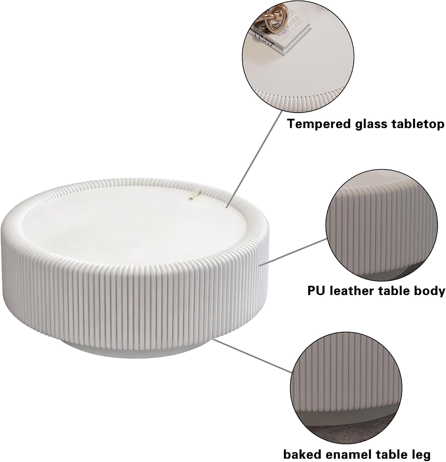 31.5'' Round Coffee Table with Storage, Modern Circle Fluted Drum Pedestal Coffee Table for Living Room, Tempered Glass Moveable Lid & PU Leather Body & Baked Enamel Leg, White