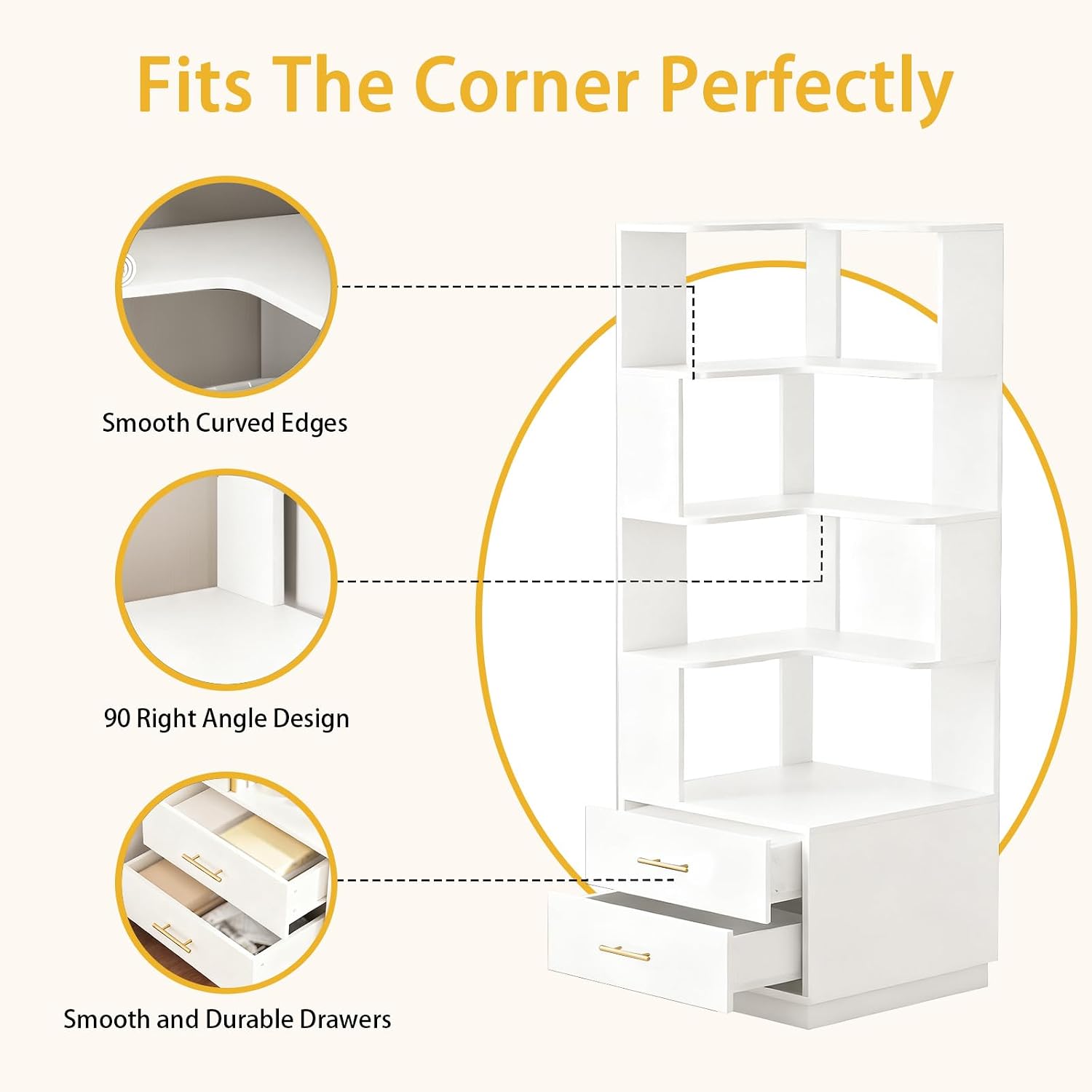 Corner Bookshelf with Drawers,66.9' L Shaped Tall Bookshelf and Bookcase,5 Tier Corner Bookcase with Storage Display Shelf Stand for Home Office, Study,Living Room, Bedroom (White-Corner Bookshelf)