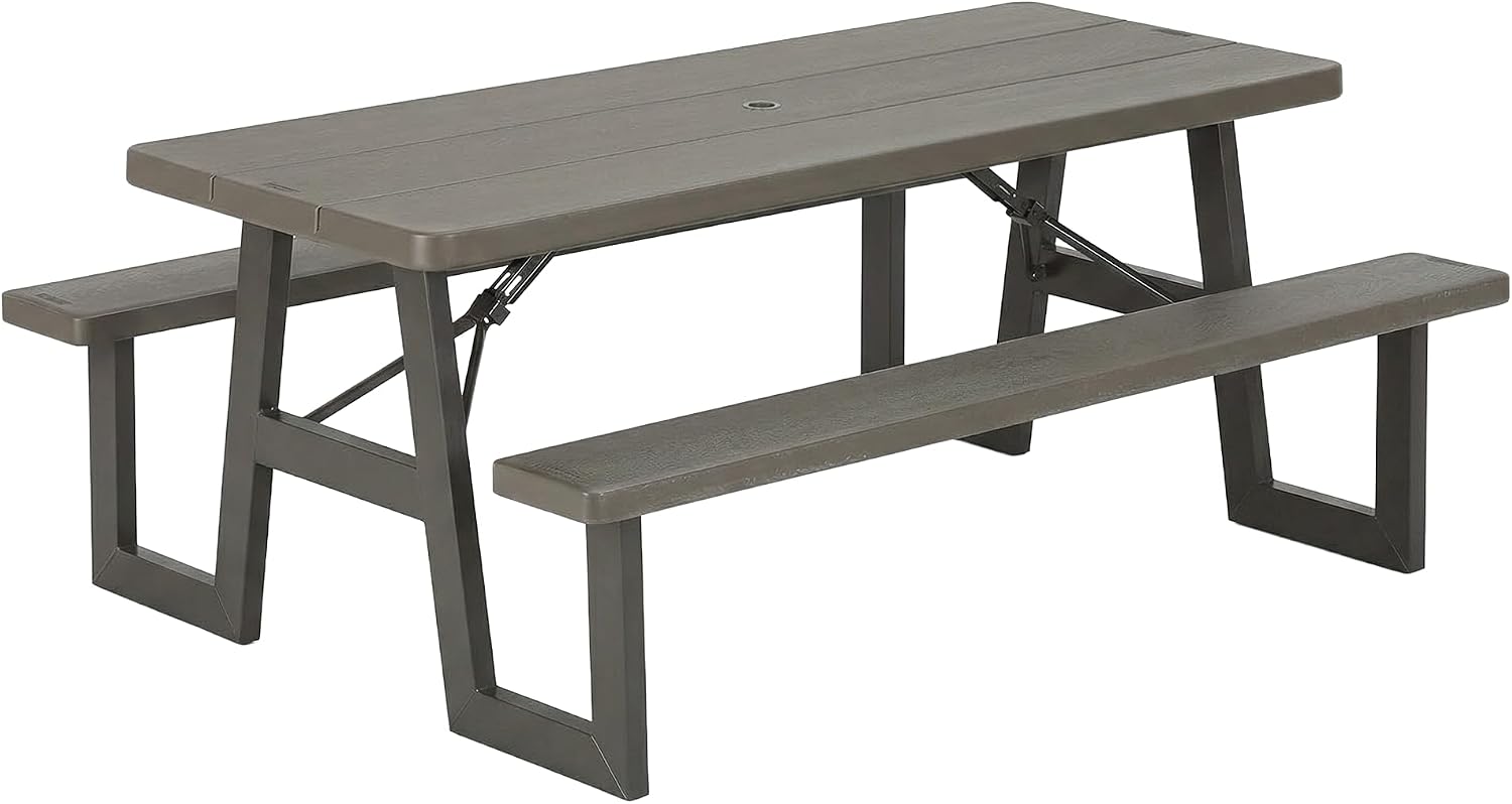 LIFETIME 6-Foot Folding Picnic Table with Benches, Seats 8, Heavy-Duty HDPE Tabletop, Steel Frame, Weather & UV Resistant Outdoor Picnic Table with Umbrella Hole